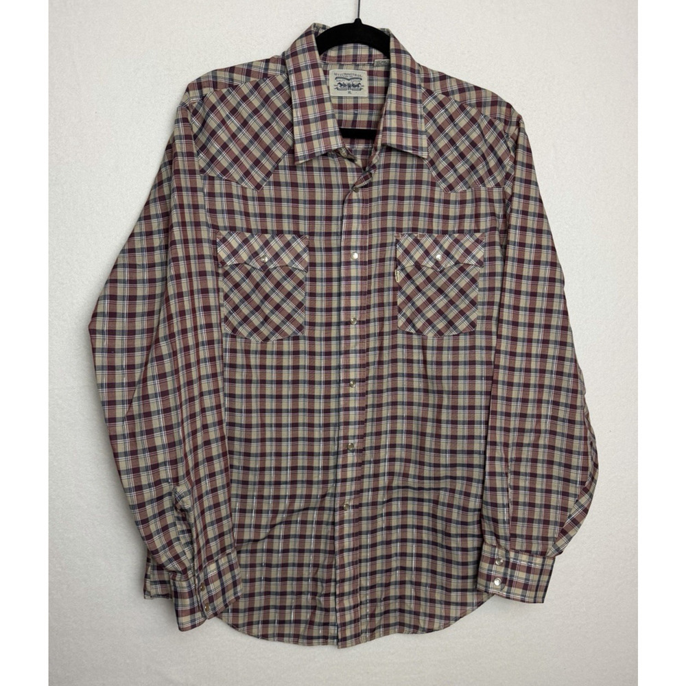 Levi Strauss & Co Vintage Long Sleeve Shirt Red Plaid Pearl Snap Western Size XL